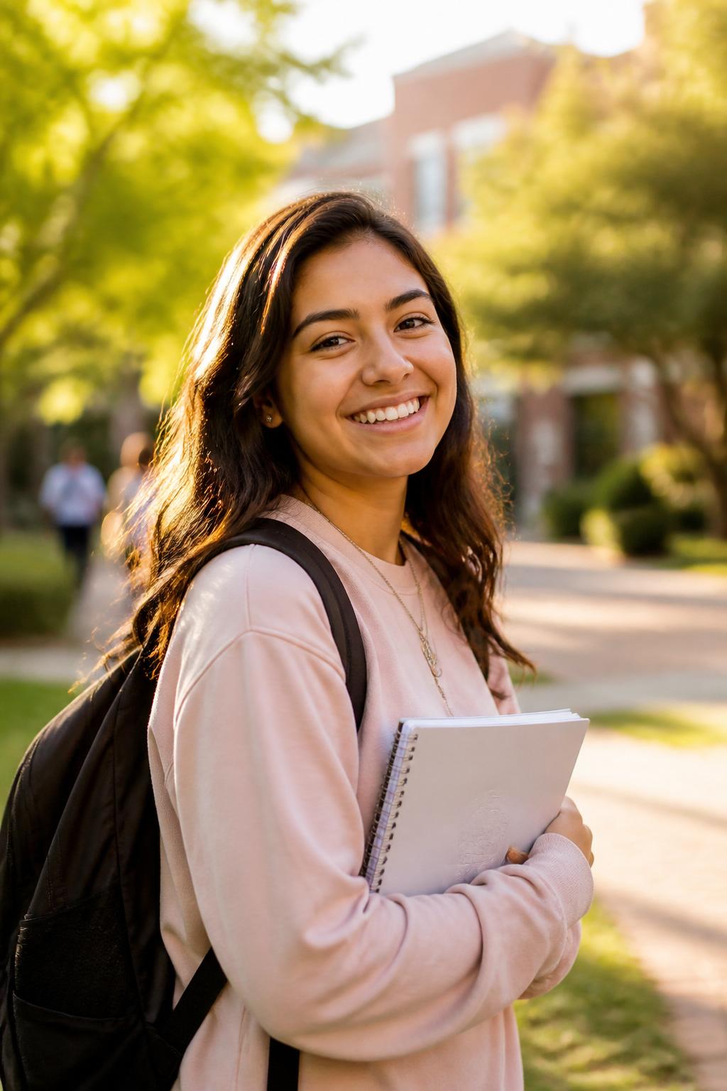 A smiling college student on campus holding a notebook