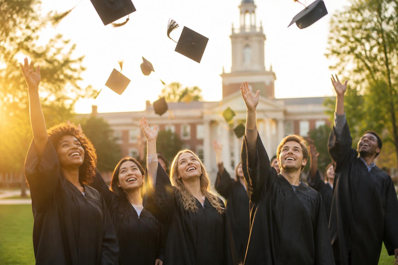 Graduating students celebrating together on a sunlit university campus