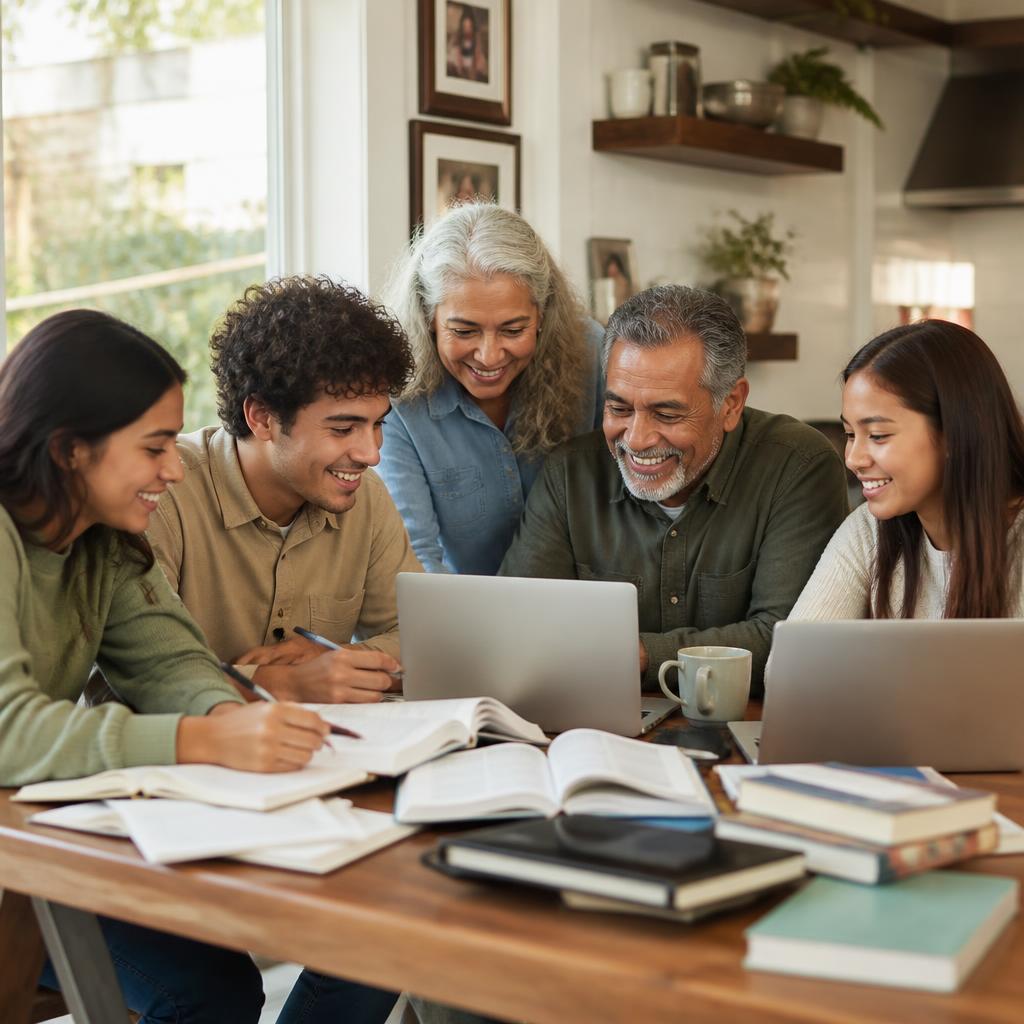 A multigenerational family studying together at a kitchen table